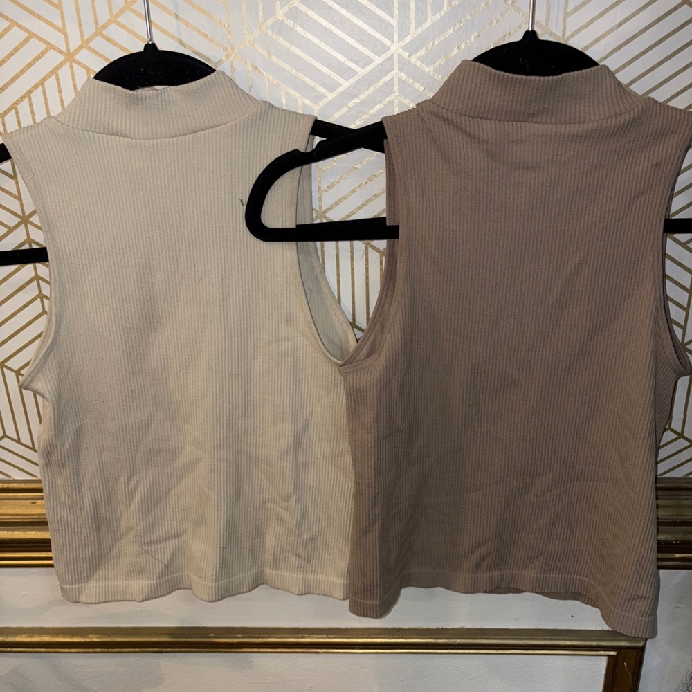 Pink Rose Sleeveless Mock Neck Tops - Cream and Brown